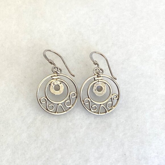Sterling Silver 925 Round Moonstone Cabochon Round Scrollwork Dangle Earrings - Picture 8 of 16